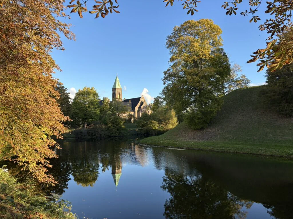 Grøn park med et kirketårn og ældre bygninger i baggrunden.