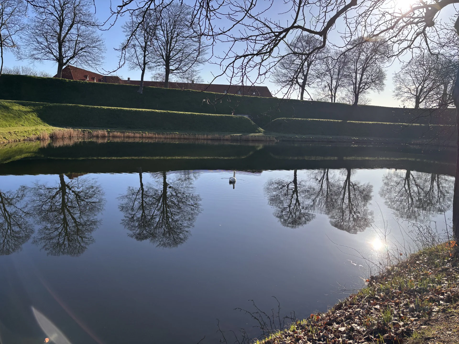 Kastellets voldanlæg spejlet i voldgraven med bare træer omkring.