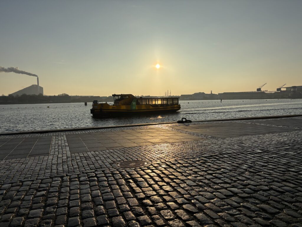 Brostensbelagt kaj ved Københavns havn med en havnebus på vandet i lavt sollys.